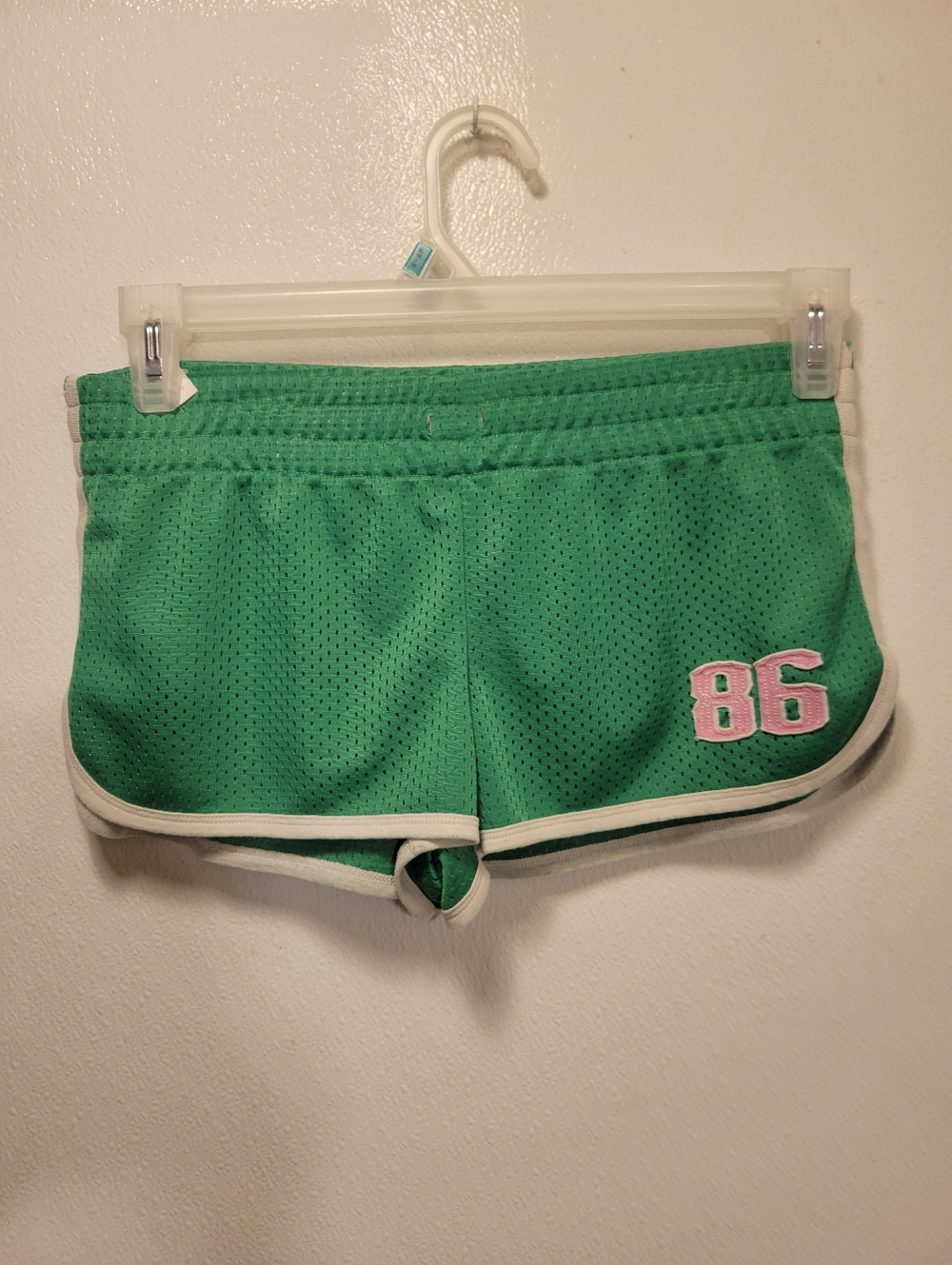 PINK Victoria's Secret Green Mesh Athletic Shorts with Pink '86' Patch